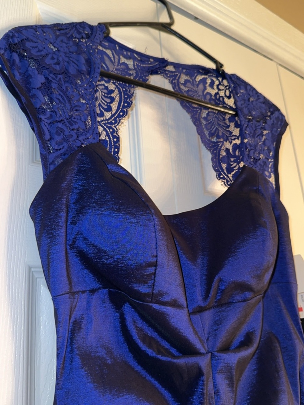 Xscape Electric Blue Satin Mermaid Dress with Lace Back